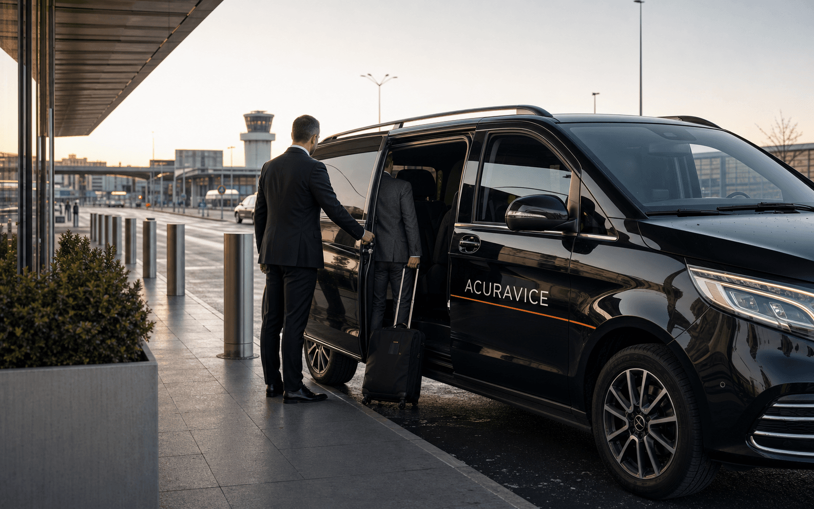 Acuravice Fahrservice holt einen Fahrgast am Flughafen ab