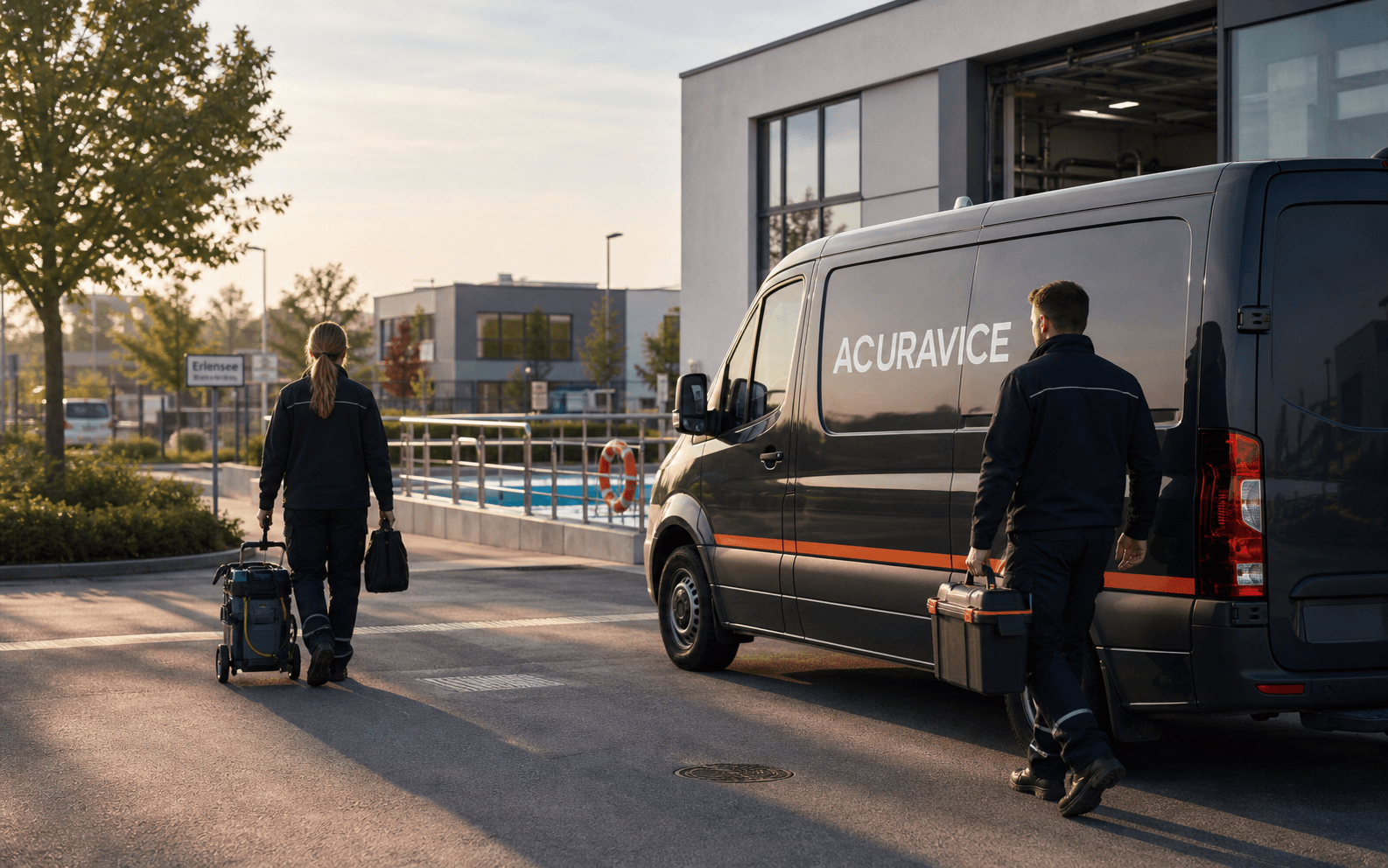 Acuravice Team mit Servicefahrzeug vor einem Betrieb in der Rhein-Main-Region
